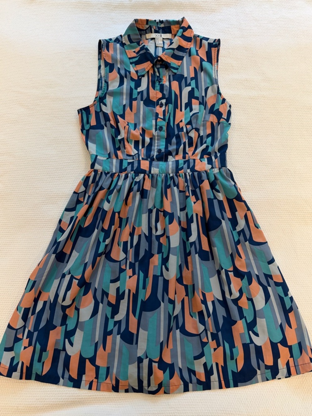 Sleeveless Retro Patterned Dress in Navy, Teal & Peach